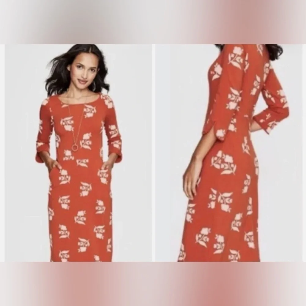 Boden Jessie Jersey Knit Dress Floral Print Coral Red Meadow Motif Size 14